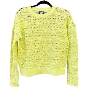Lands End Womens XS Sweater Neon Yellow Green Crochet Open Knit Coastal Beachy